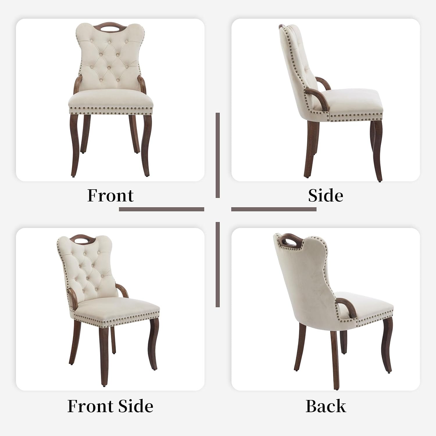 Shenyon Beige Velvet Dining Chairs Set of 2，Modern Upholstered Dining Room Chairs with Tufted Back and Wood Handles, Curved Solid Wood Legs, Sillas de Comedor
