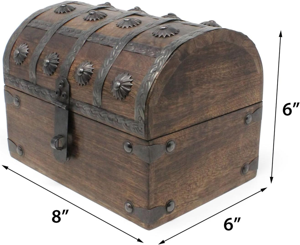 Nautical Cove Wooden Treasure Chest with Padded Velvet Lining and Antique Lock with Skeleton Keys (Small 8x6x6) – Luxury Wood Pirate Chest, Wooden Keepsake Box, Decorative Box with Lid