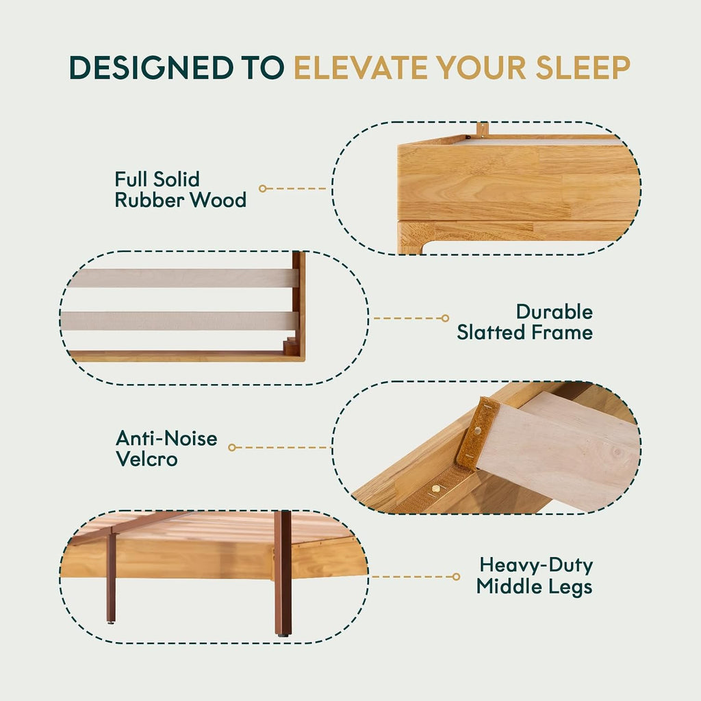 Bme Nipe Bed Frame with Headboard, Bohemian and Mid-Century Modern Style, Solid Rubber Wood Platform Bed with Slat Support, No Box Spring Needed, Easy Assembly, Queen - Light Natural