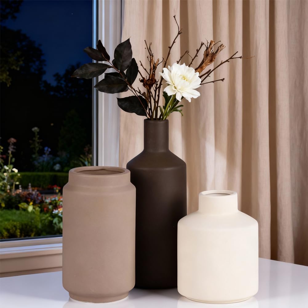 Neutral Ceramic Vase Set of 3 – Modern Decorative Vases, Small Flower Pottery Vase Sets, Boho Farmhouse Rustic Vases for Living Room, Kitchen, Bedroom, Bathroom, Shelf, Table