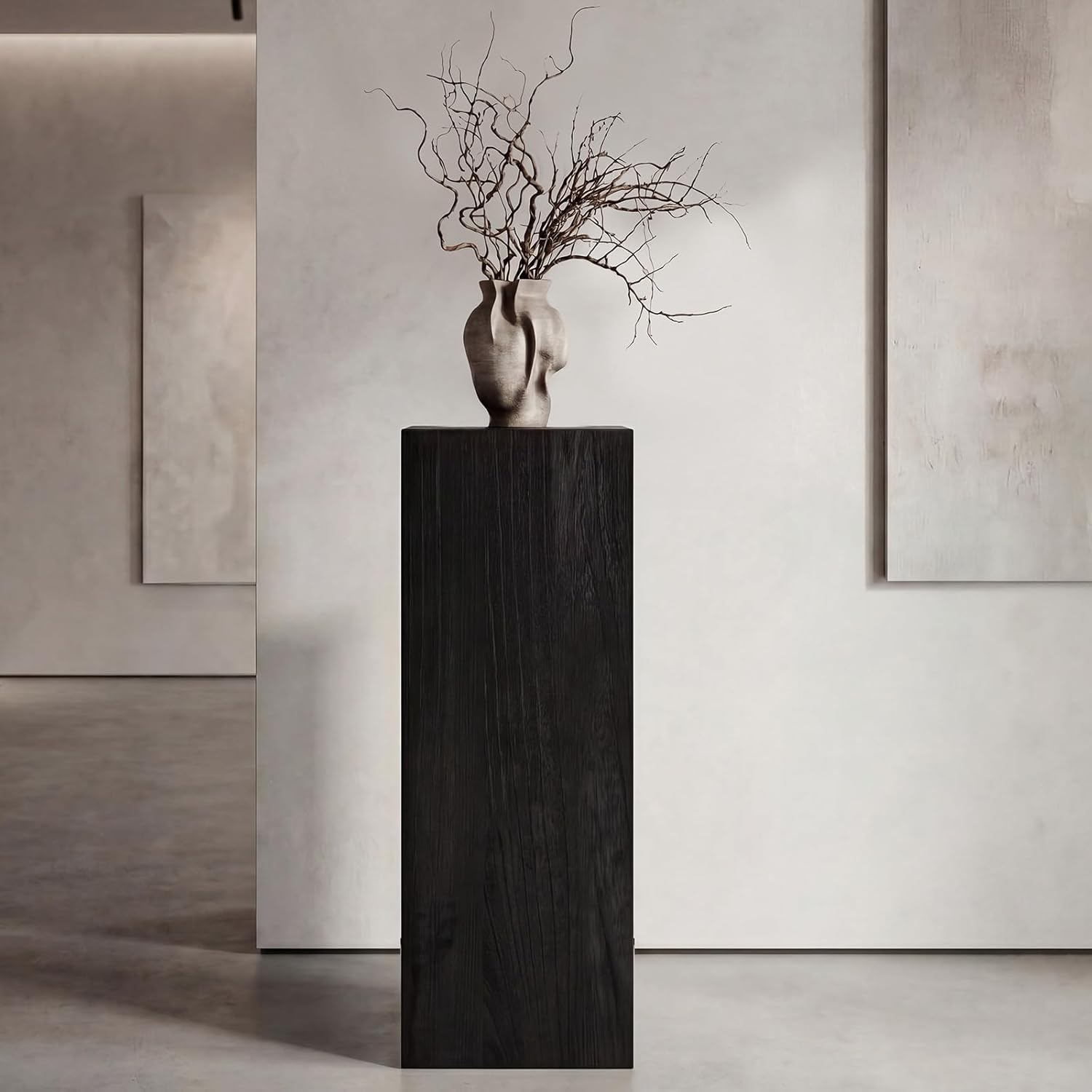 Cinnvoice Solid Wood Cube Display Pedestal Stand 12 x 12 x 40 Inch Black Rustic Sculpture Riser Portable Indoor Plant Stand Mini Table for Sculpture Plant Gallery Pedestal Store Home Party Event Decor