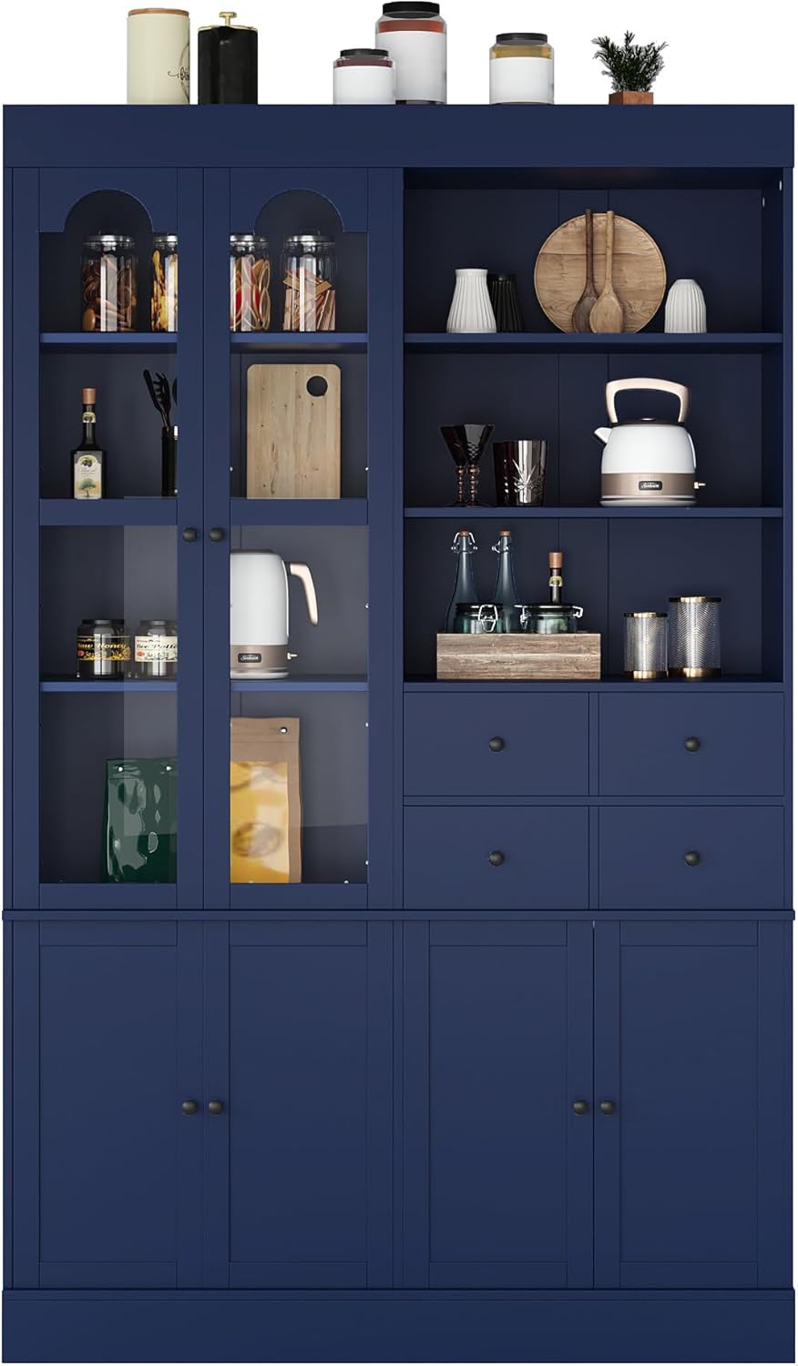 Freestanding Tall Kitchen Pantry Cabinet with 4 Drawers, Door Shelves and Pull-Out Trays, Wood Buffet Cabinet with Hutch with Hutch (Blue)