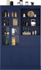 Freestanding Tall Kitchen Pantry Cabinet with 4 Drawers, Door Shelves and Pull-Out Trays, Wood Buffet Cabinet with Hutch with Hutch (Blue)