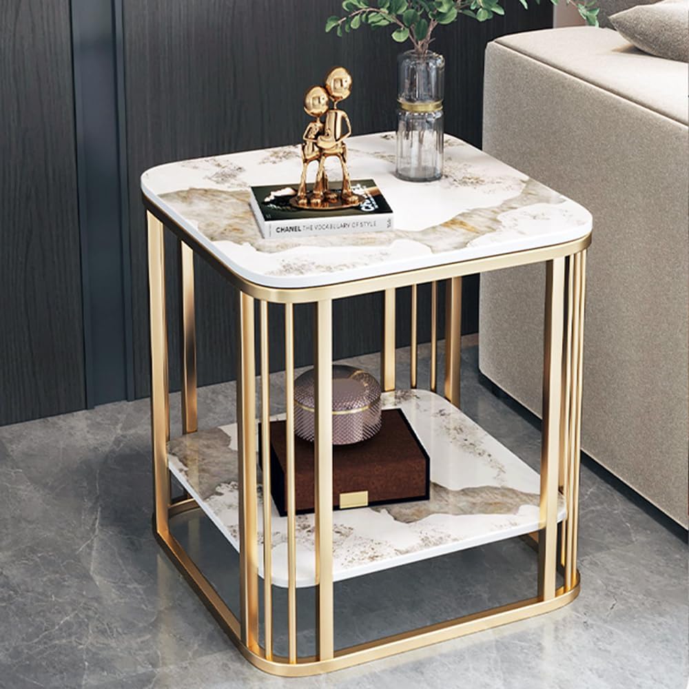 Modern Side Table 2-Tier Coffee end Tables for Living Room, Indoor & Outdoor Accent Tables with Marble Desktop & Metal Bracket, Multifunctional Bedside nightstand for Bedroom Sofa Balcony Patio