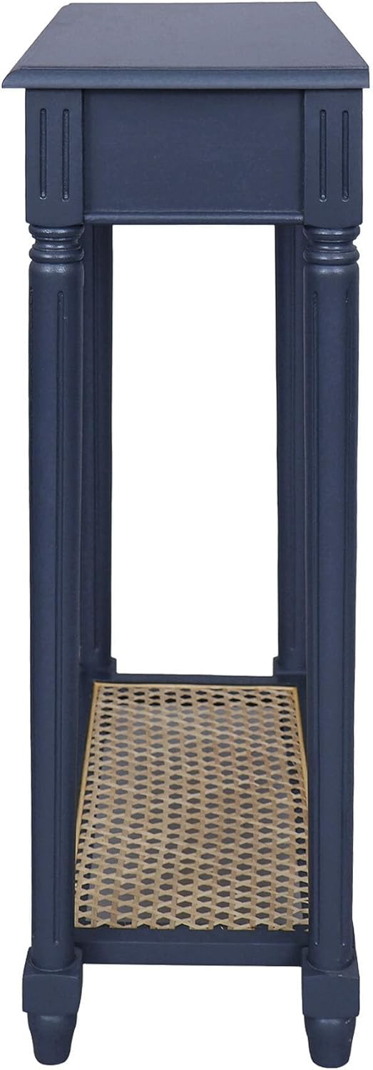 East at Main Lenora Console Table – 23.75” Narrow Entryway Table with Storage & Cane Shelf – Solid Wood Accent for Hallways, Foyers, and Small Spaces – French Country & Traditional Style (Navy)