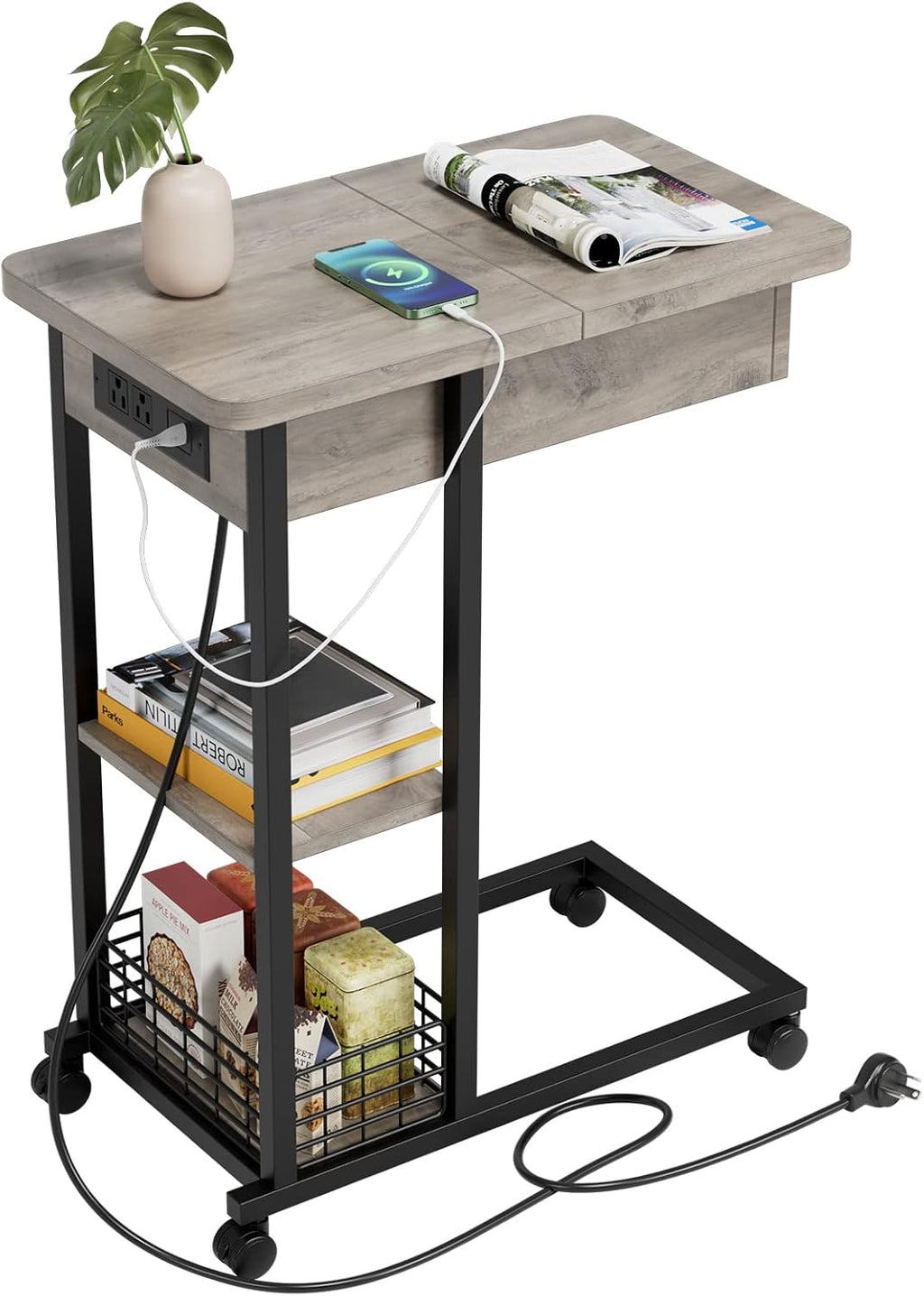 IDEALHOUSE C Shaped End Table with Charging Station, Grey Flip Top Sofa Table with USB Ports and Outlets, Narrow Side Table with 3 Tier Storage Shelf for Living Room, Bedroom, Small Spaces