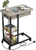 IDEALHOUSE C Shaped End Table with Charging Station, Grey Flip Top Sofa Table with USB Ports and Outlets, Narrow Side Table with 3 Tier Storage Shelf for Living Room, Bedroom, Small Spaces