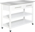 HOMCOM Kitchen Island with Stainless Steel Top, Traditional Kitchen Island with Storage, Butcher Block Cart 2-Tier Open Shelves, Drawers, White