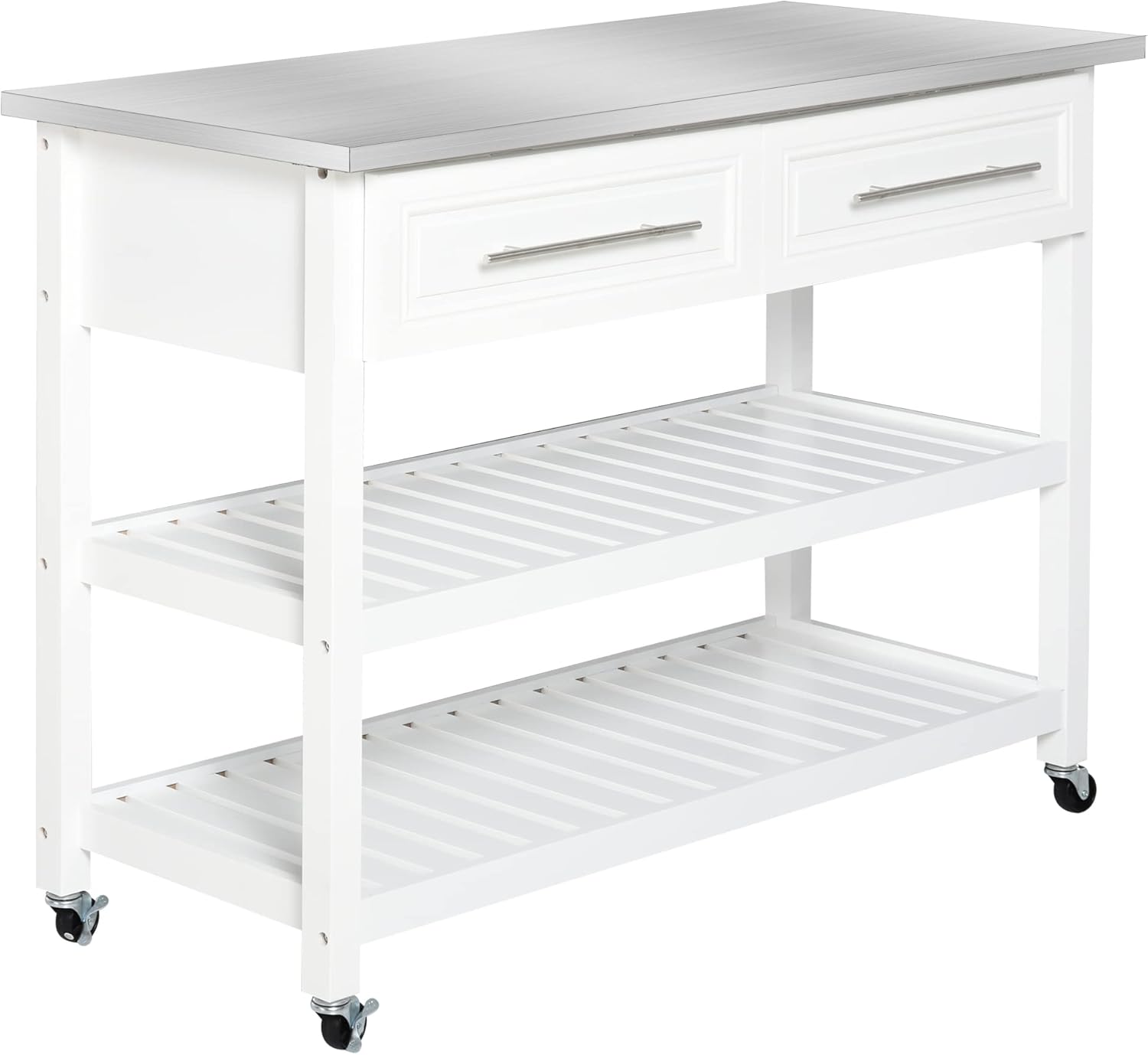 HOMCOM Kitchen Island with Stainless Steel Top, Traditional Kitchen Island with Storage, Butcher Block Cart 2-Tier Open Shelves, Drawers, White