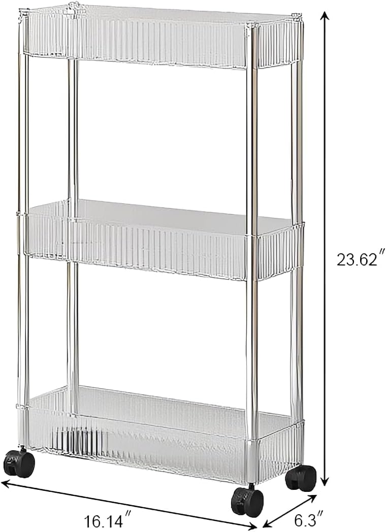Sooyee Slim Clear 3-Tier Plastic Rolling Utility Cart with Wheels, Multi-Functional Storage Trolley for Office, Living Room, Kitchen, Movable Storage Organizer with Wheels