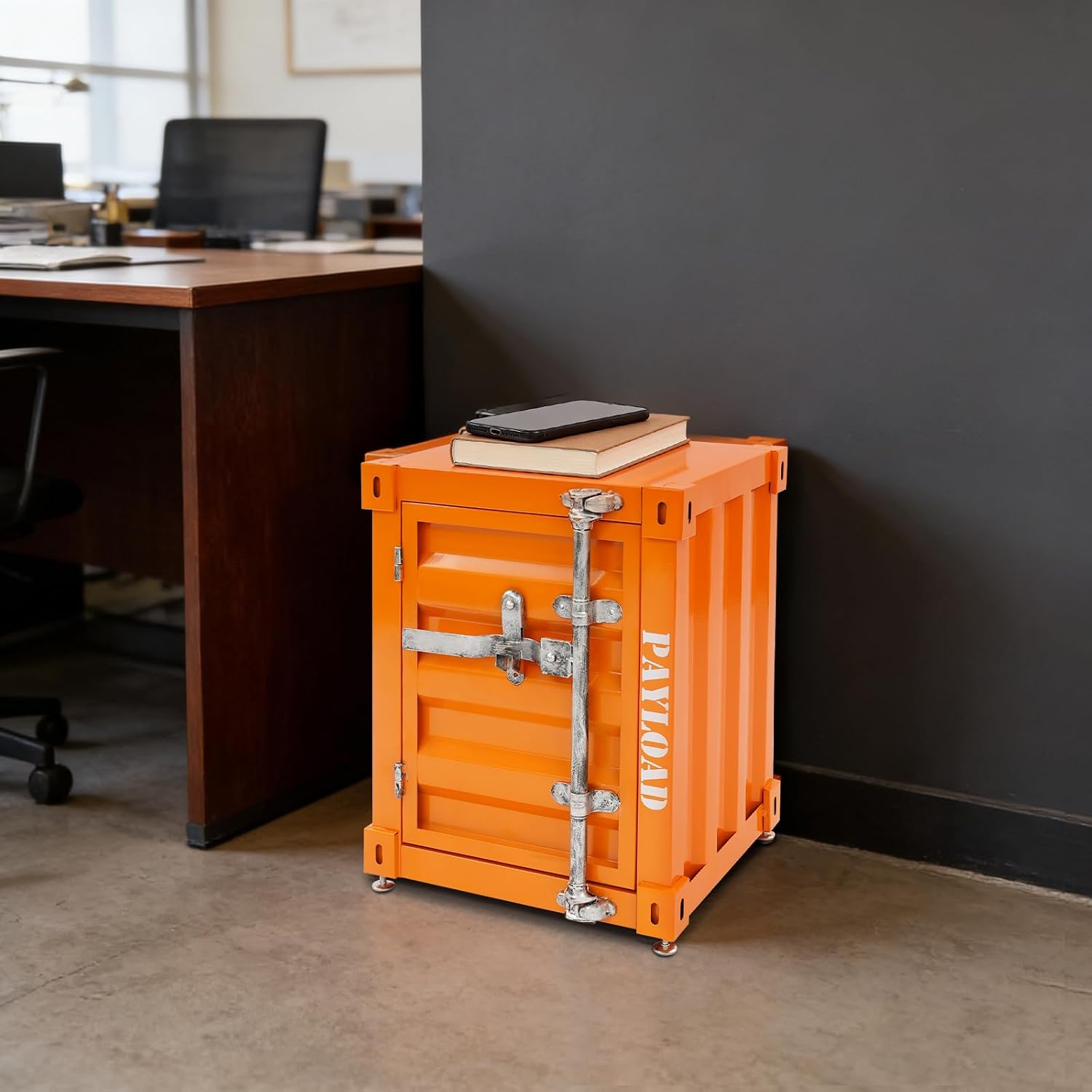 Industrial Wind Bedside Table, End Tables, Container Style Locker Wrought, Tinplate Bilayer Side Table, Metal Locker Nightstand with Combination Lock for Bedroom, Living Room, Office - Orange