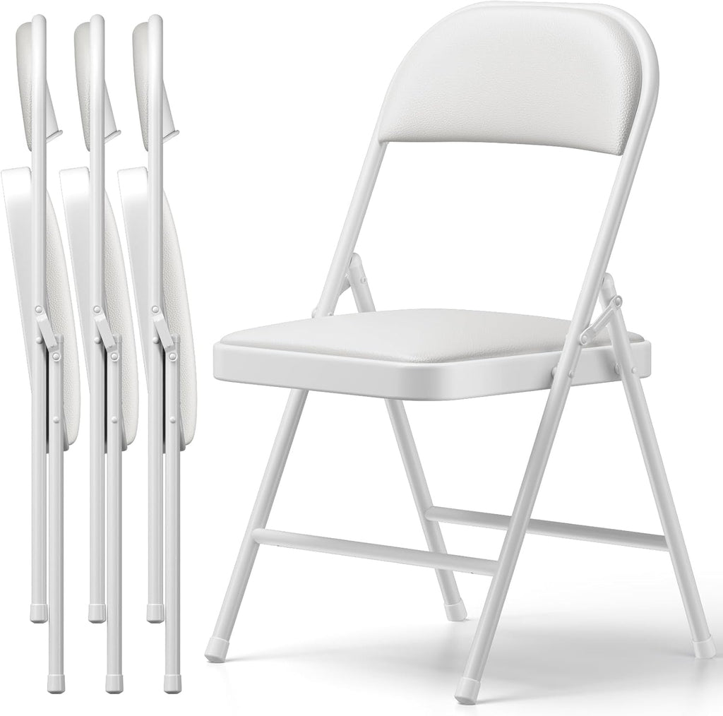 Padded Folding Chairs 4 Pack, PU Leather Folding Chairs for Outside and Indoor, Heavy Duty Portable Foldable Metal Chairs for Home Office, Dorm, Party, Backyard, Patio, White