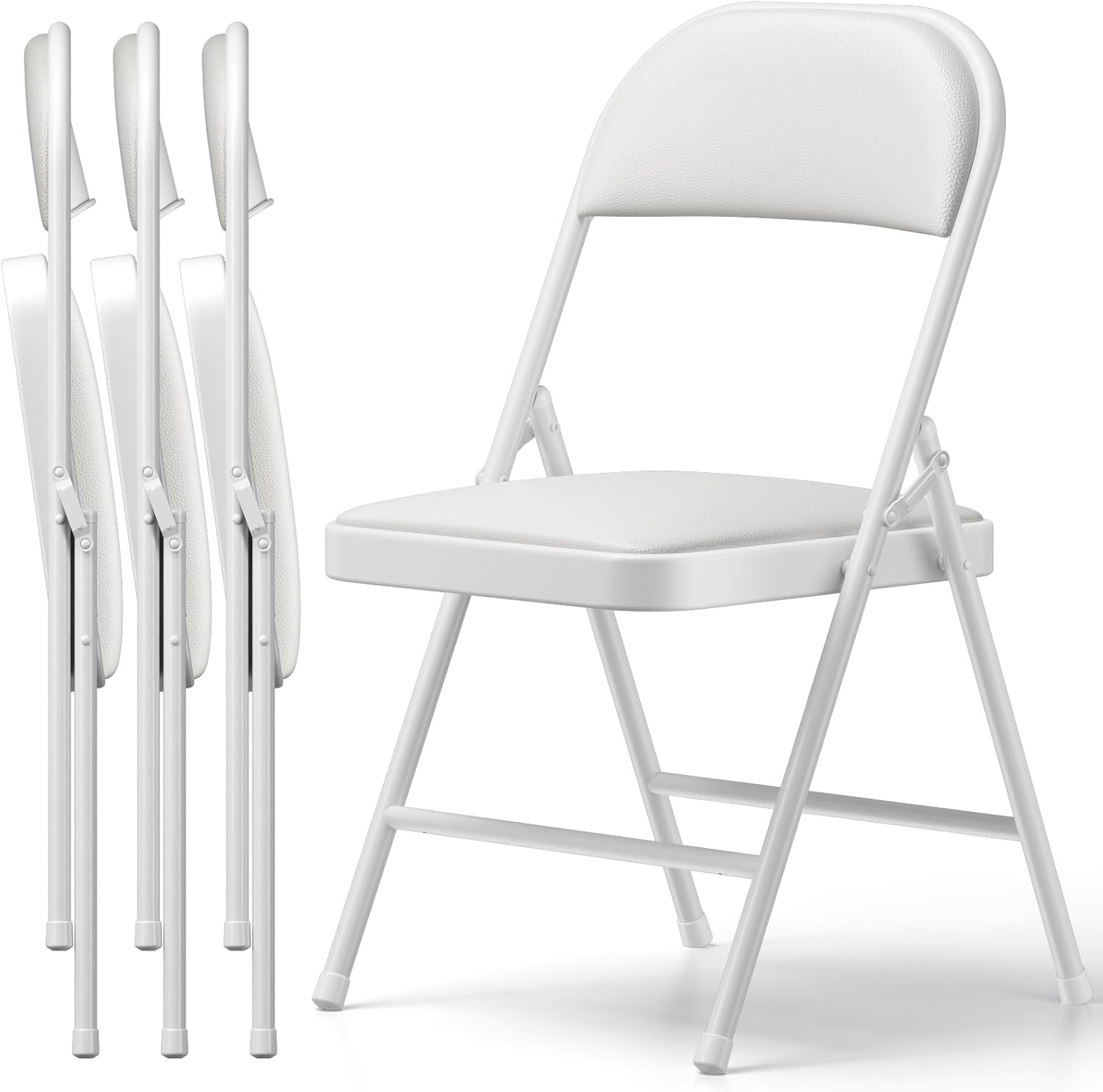 Padded Folding Chairs 4 Pack, PU Leather Folding Chairs for Outside and Indoor, Heavy Duty Portable Foldable Metal Chairs for Home Office, Dorm, Party, Backyard, Patio, White