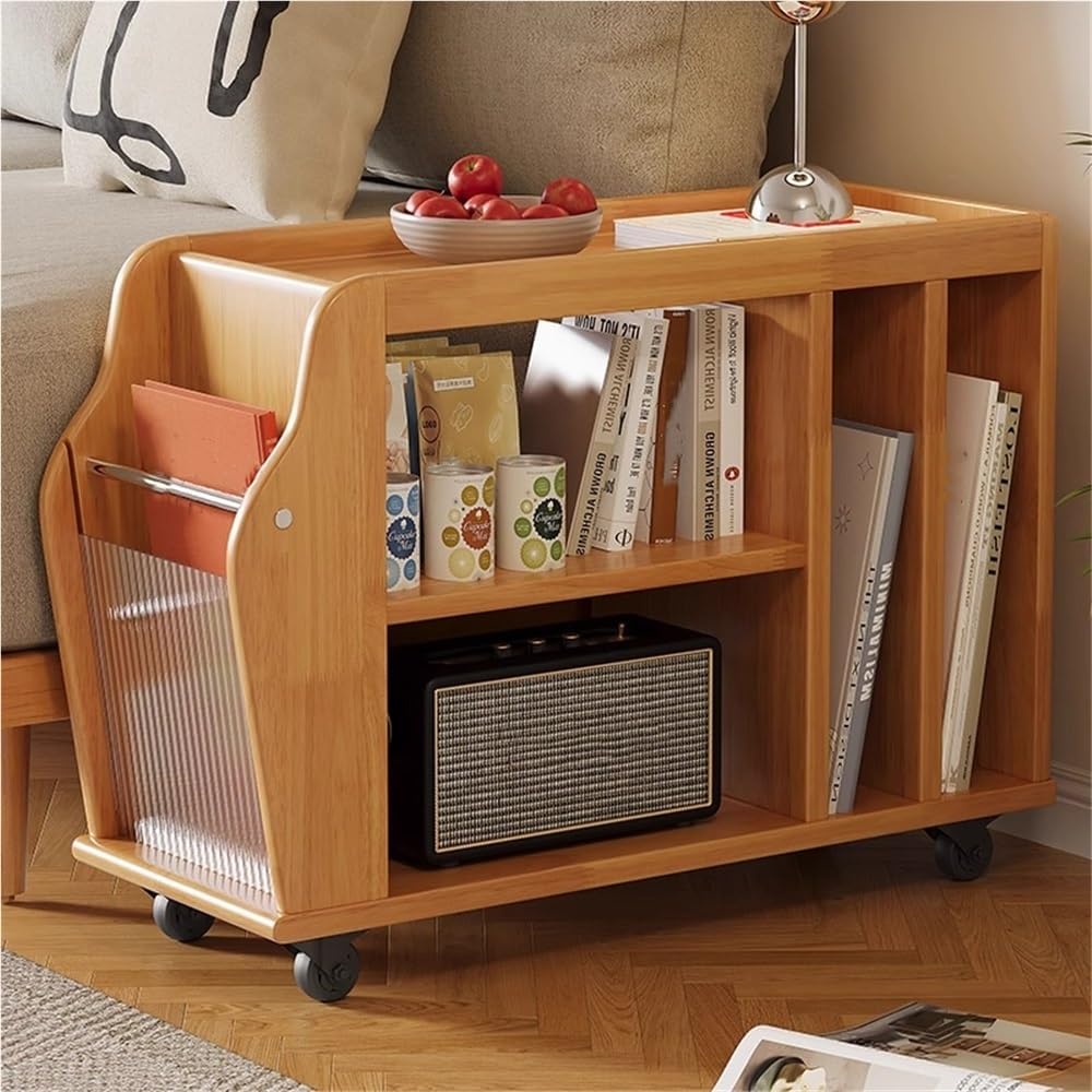 Movable Wood Side Tables with Casters, Rolling Table with Storage, Living Room End Tables with Magazine Rack, Multi-Functional Tables for Kitchen, Bedroom, Sofa Side(Natural)