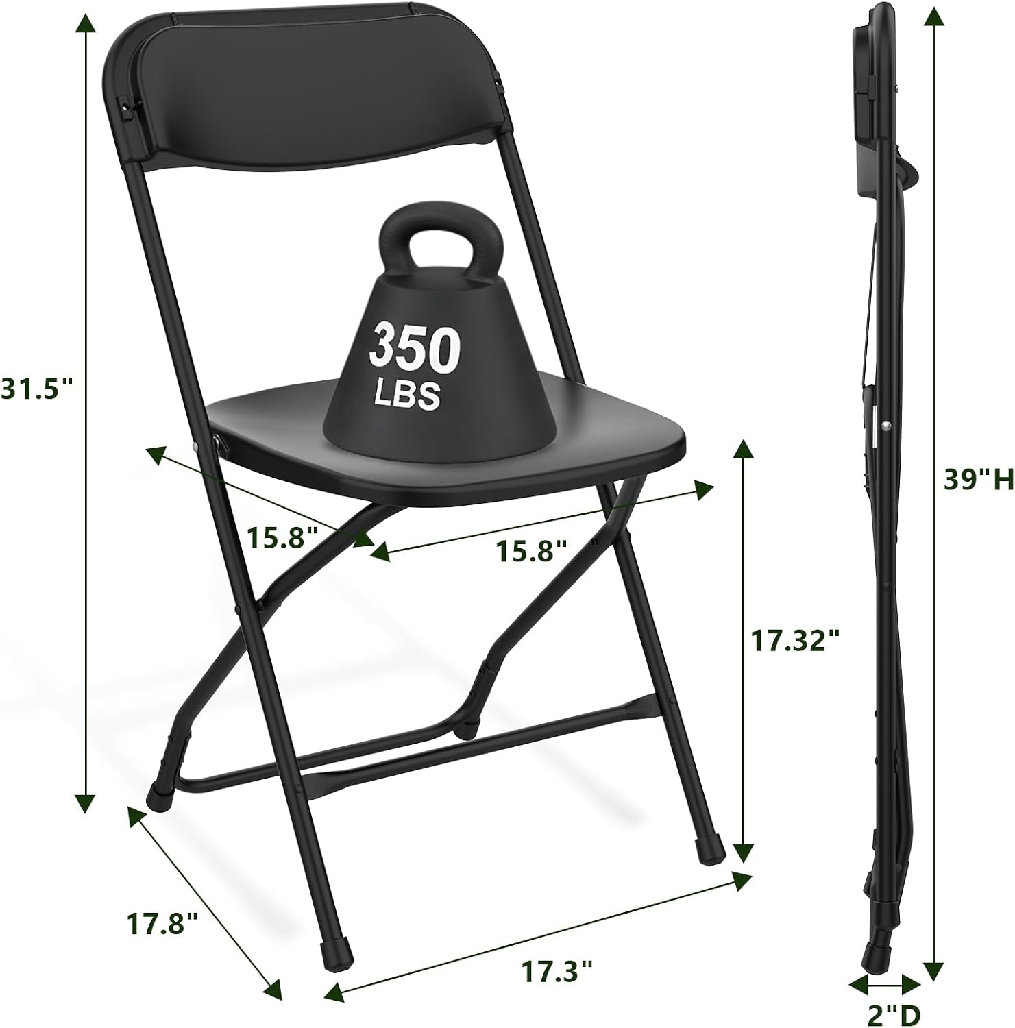 Folding Chairs 4 Pack, Plastic Folding Chairs for Outside, Heavy Duty Foldable Chairs, Sturdy Metal Folding Chairs, 350 lbs Capacity, for Patio, Garden, Camping, Black