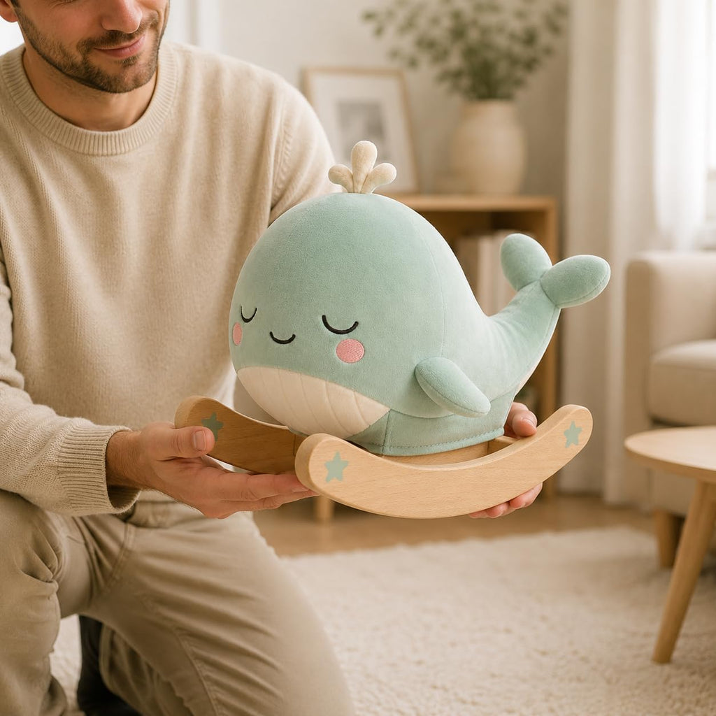 Juju Rocking Whale Soft Velour Rocker – Mint Cushioned Whale on Natural Beechwood Base with Painted Star Accents – Cozy Nursery Decor Accent – Embroidered Sleepy Face Design