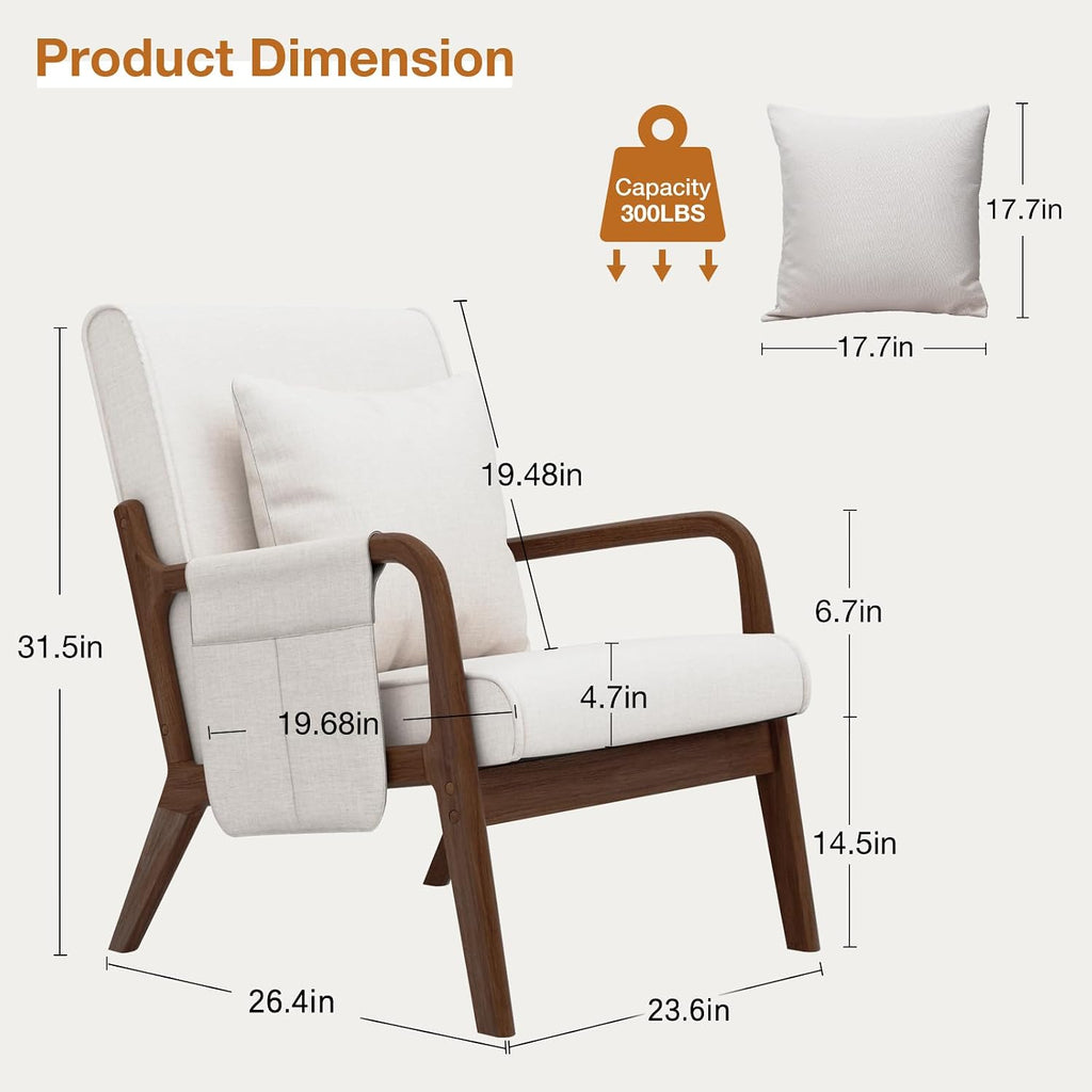 HOMMPA Mid-Century Modern Accent Chair Set of 2, Comfy Reading Armchair with Solid Wood Frame & Lumbar Pillow, Upholstered Linen Lounge Chair with Side Pocket for Living Room, Bedroom,Balcony(Beige)