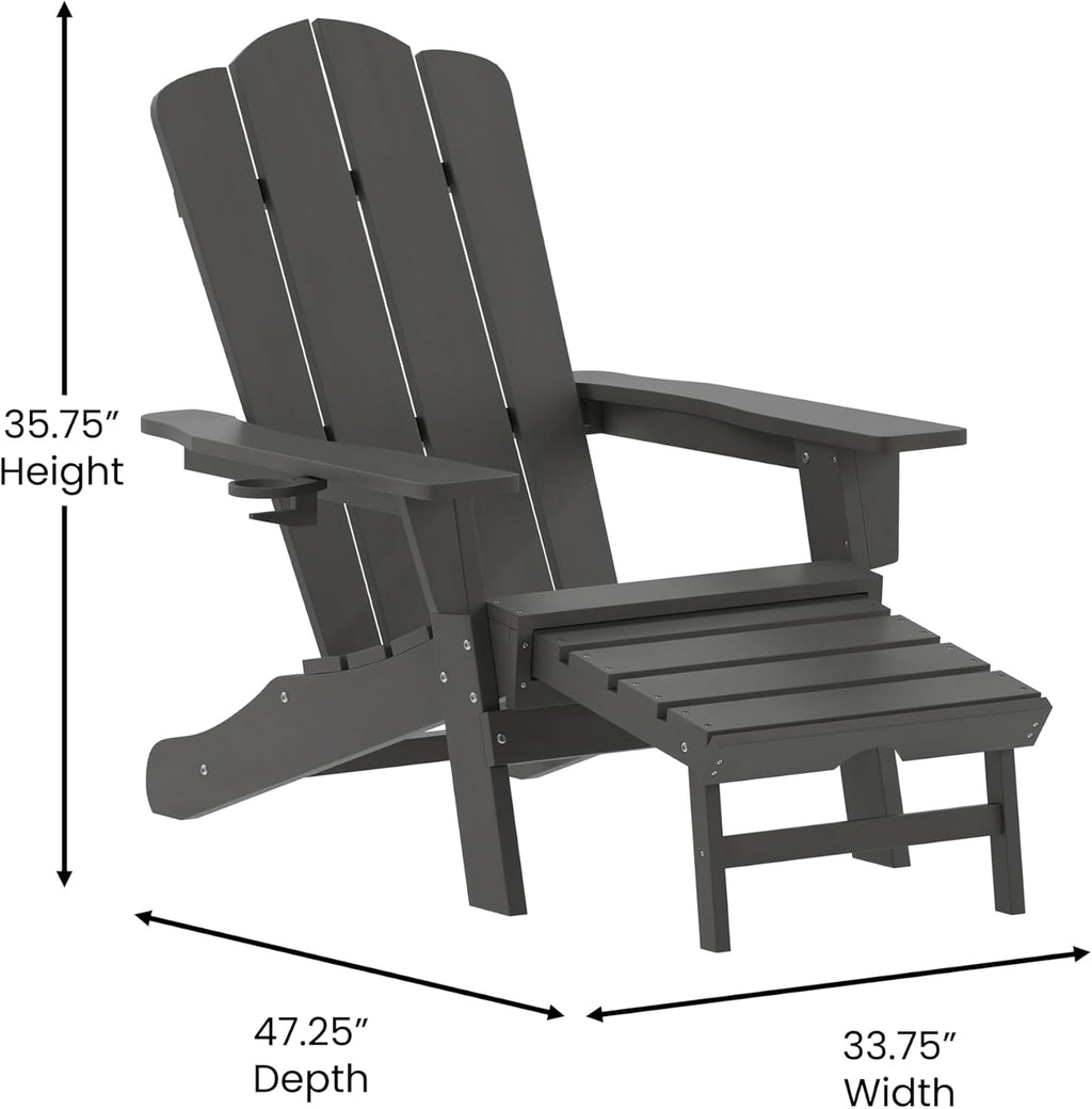 Flash Furniture Newport Adirondack Cup Holder and Pull Out Ottoman, All-Weather HDPE Indoor/Outdoor Lounge Chair, Set of 2, Gray