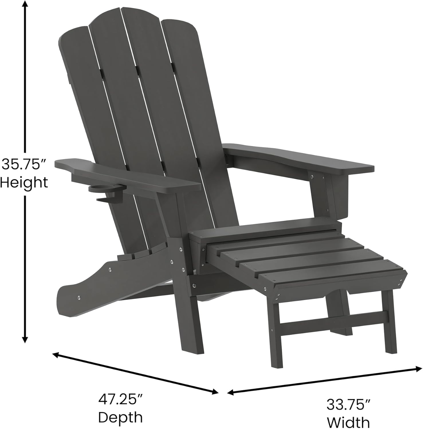 Flash Furniture Newport Adirondack Cup Holder and Pull Out Ottoman, All-Weather HDPE Indoor/Outdoor Lounge Chair, Set of 2, Gray