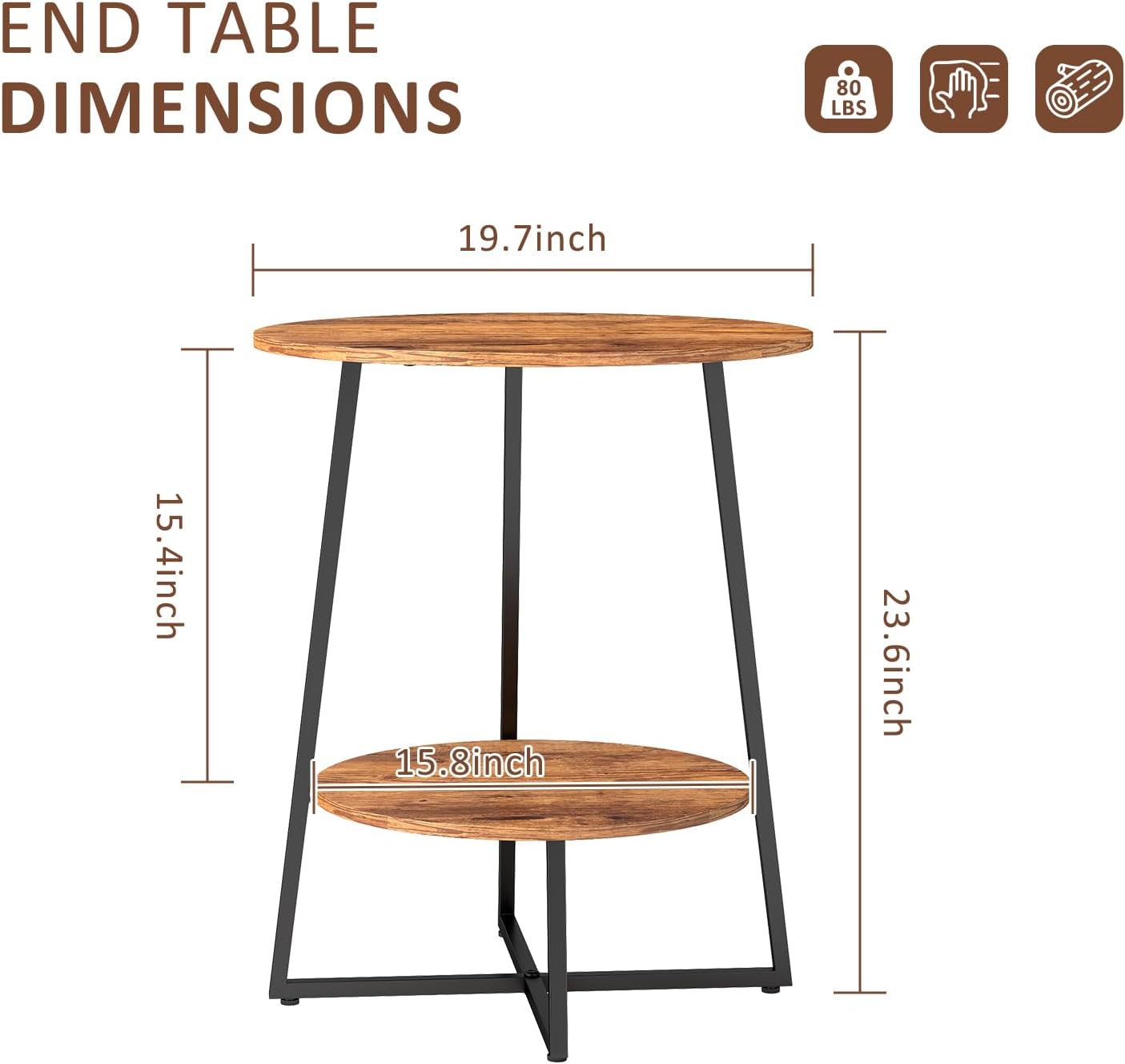 Round End Table - 23.6" H Side Table with Metal Frame, Industrial Accent Tables for Living Room Bedroom, Rustic Brown (2 Packs)