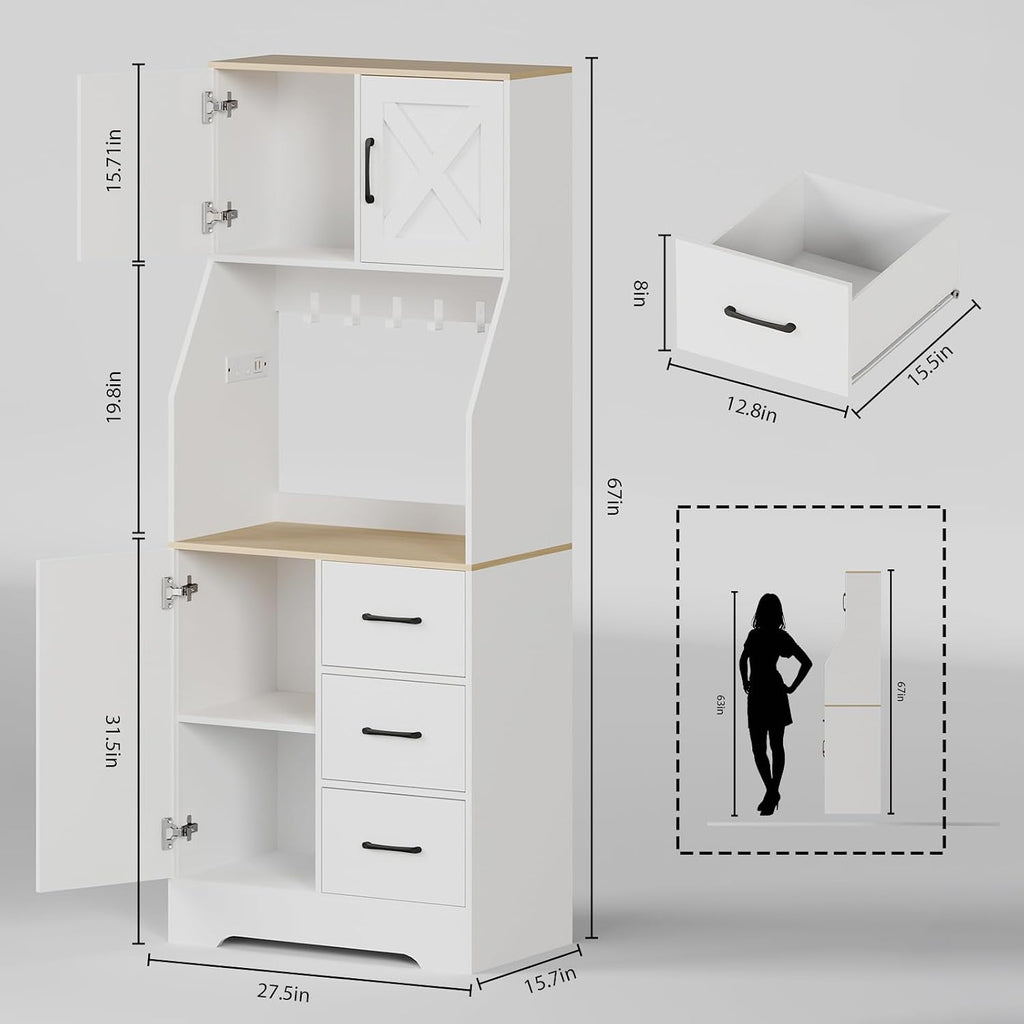 LLappuil 67" Kitchen Pantry with LED Light & Outlet, Kitchen Hutch with 6 Hooks, Drawer, Adjustable Shelves White