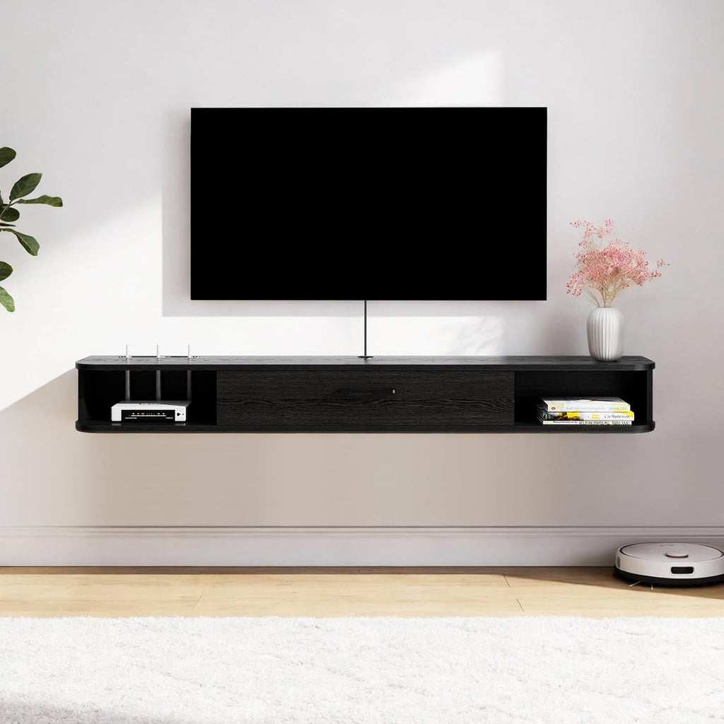 Floating TV Unit, 47'' Wall Mounted TV Cabinet, Floating Shelves with Door, Modern Entertainment Media Console Center Large Storage TV Bench for Living Room & Office (47.24IN, Black)