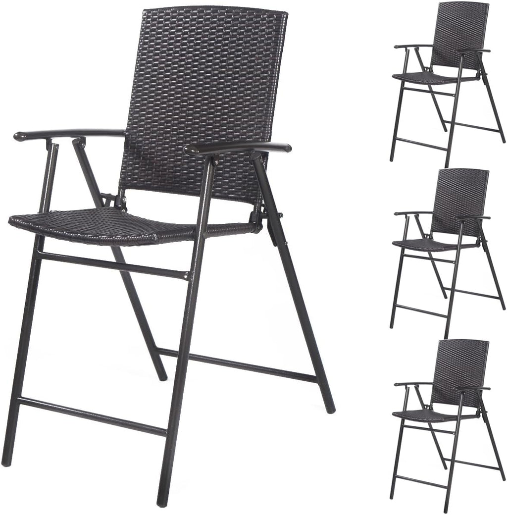 HAPPYGRILL Folding Wicker Rattan Bar Chairs Set of 4, Patio Tall Stool with Back, Steel Frame, Armrests and Footrest Bar Chairs for Garden Patio Furniture Set