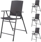 HAPPYGRILL Folding Wicker Rattan Bar Chairs Set of 4, Patio Tall Stool with Back, Steel Frame, Armrests and Footrest Bar Chairs for Garden Patio Furniture Set