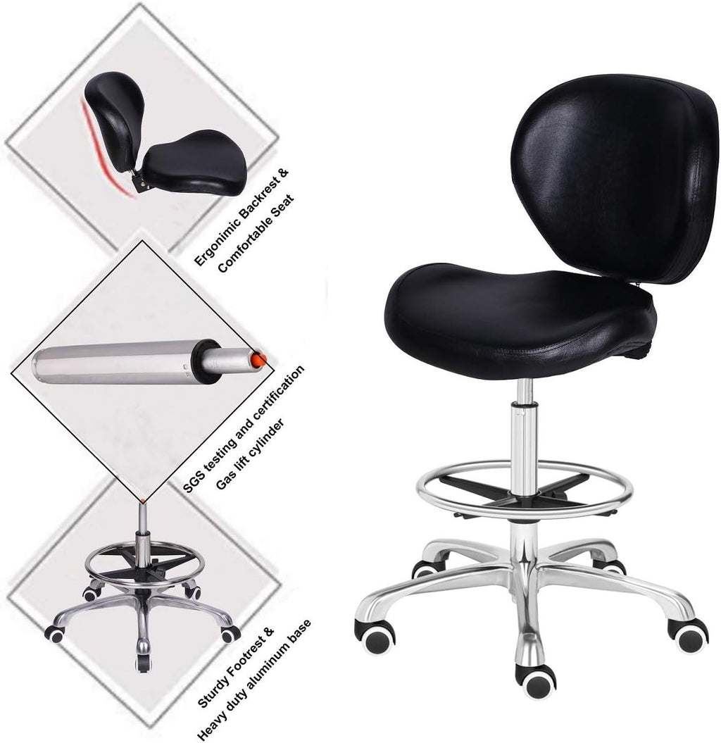 Kaleurrier Adjustable Stool Drafting Chairs: Tall Office Chair for Standing Desk with Backrest & Foot Rest - Ergonomic Drafting Stools with Rolling Wheels for Shop Studio Dental Salon Home(Black)