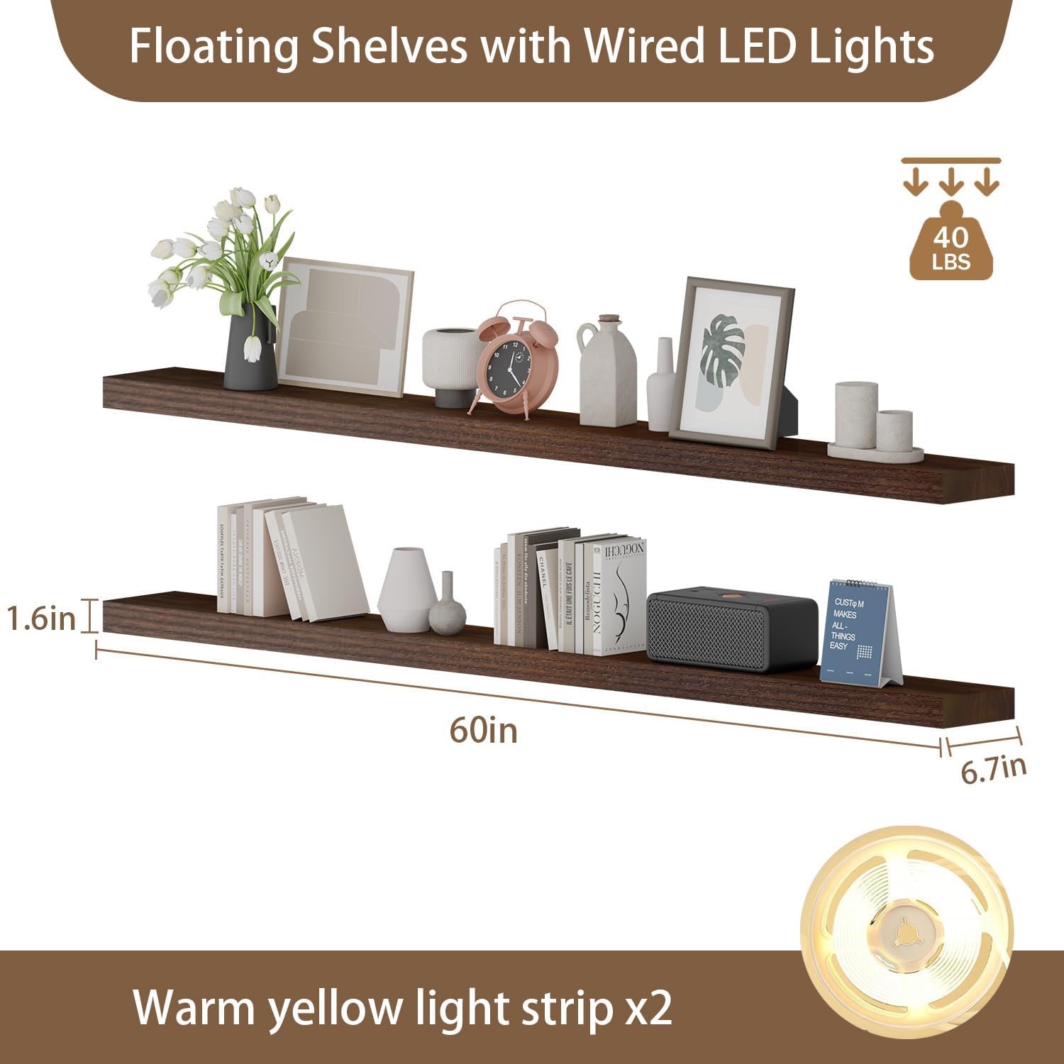 60 inch LED Gaming Floating Shelves for Wall,Solid Wood Long Wall Shelves Set of 2 with Light for Gaming Room,Walnut Rustic Wall Mounted Shelves for Living Room Bedroom Kitchen Garage