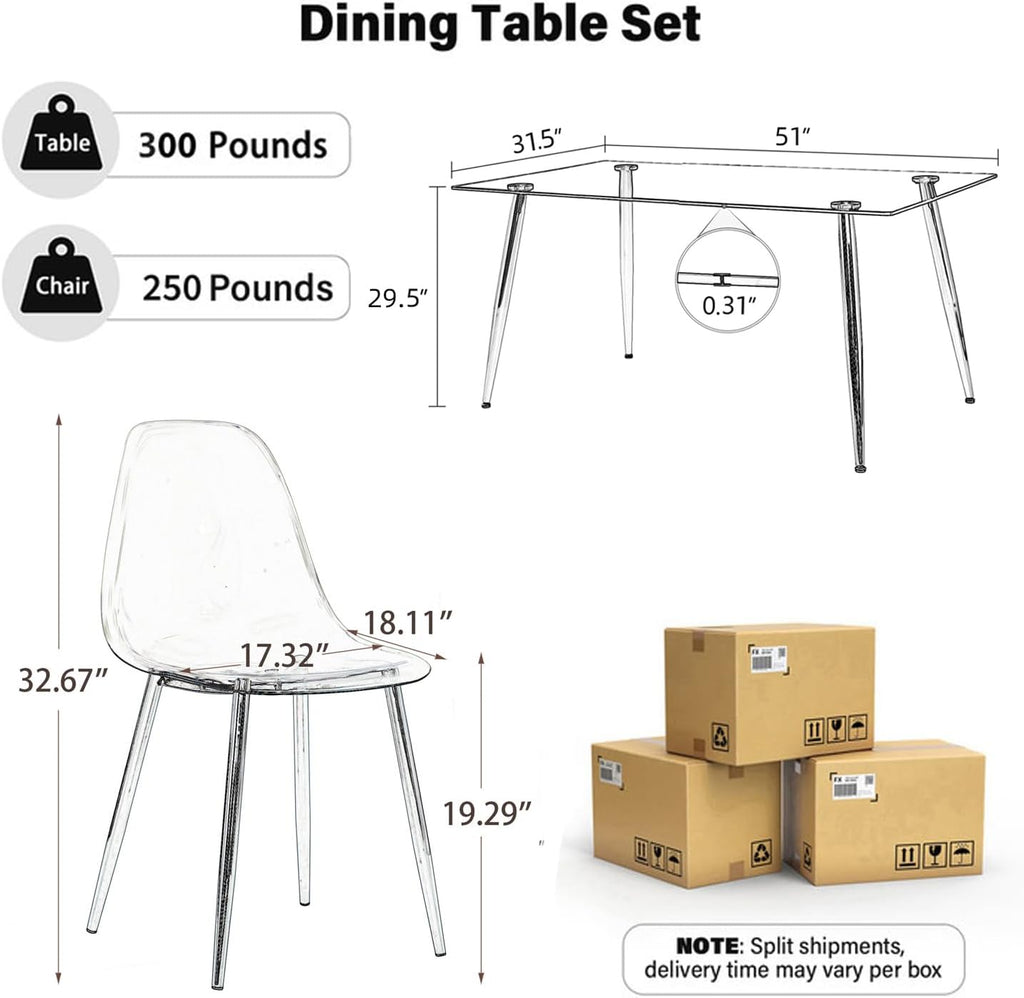 Baysitone 51 inch Glass Dining Table Set for 4, Dining Table & Chair Sets with Black Metal Legs for Kitchen, Modern Rectangle Tempered Glass Table Top&Transparent Plastic Dining Chair for Dining Room