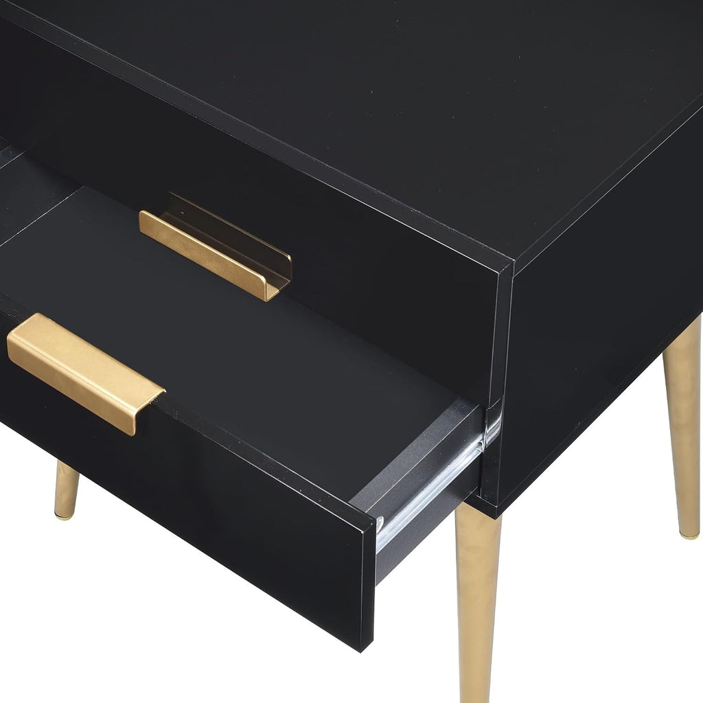 Penau Black and Gold End Table, Rectangular High Gloss Engineered Wood Top, Metal Tapered Gold Legs, 2 Drawers Storage Nightstand, 16.00 x 20.00 x 24.00 Inchs