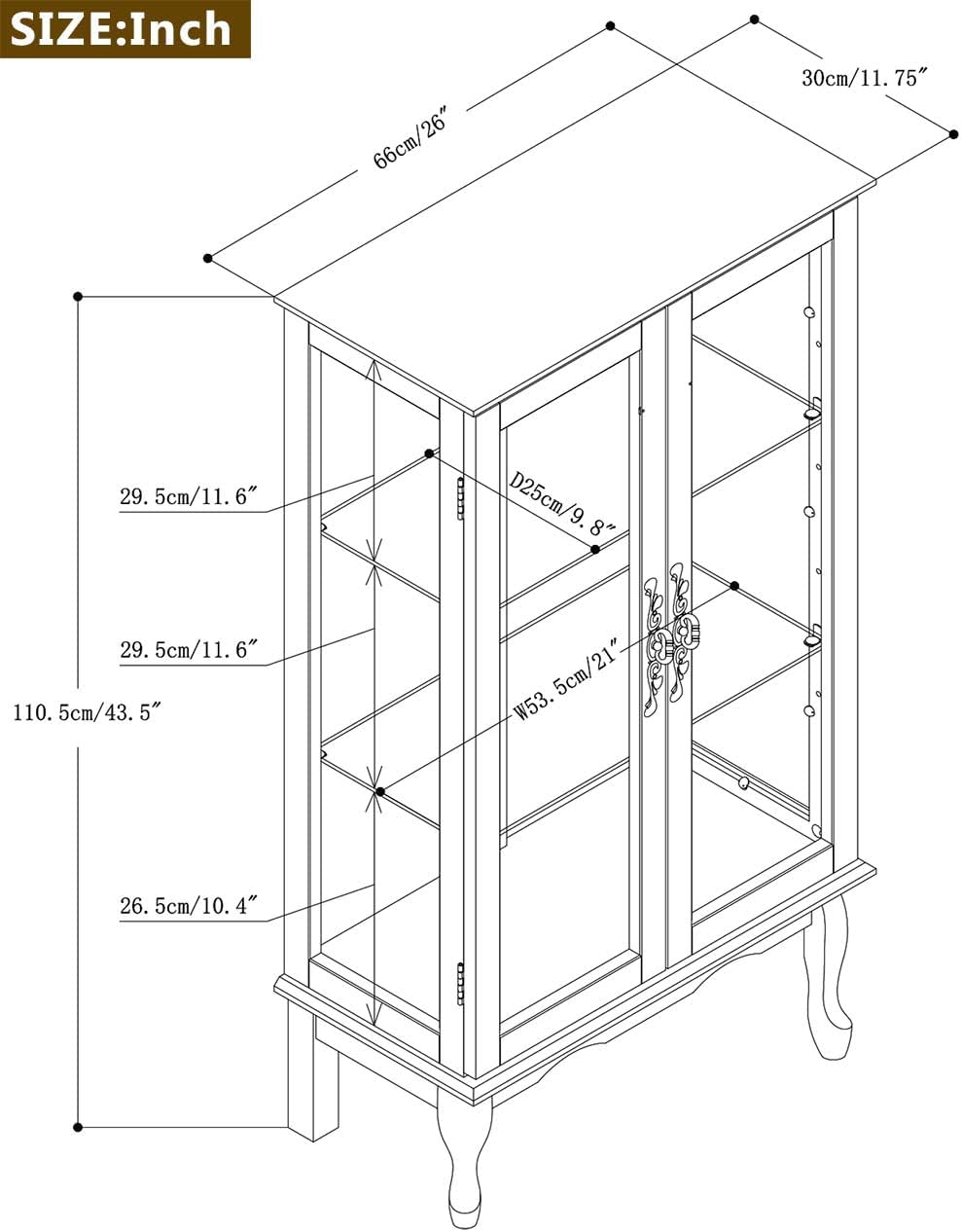 Anwick China Cabinet &Curio Cabinets with Glass Doors, Lighted Display Cabinet with Mirrored Back Panel, Tempered Glass and 3 Tiers Adjustable Shelves (Cherry)
