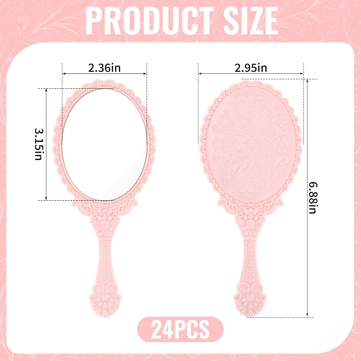 24 Pack Vintage Handheld Mirrors for Makeup, Pink Embossed Floral Portable Princess Mirror with Handle, Decorative Travel Cosmetic Purse Mirror for Women, Party Favors, Classroom