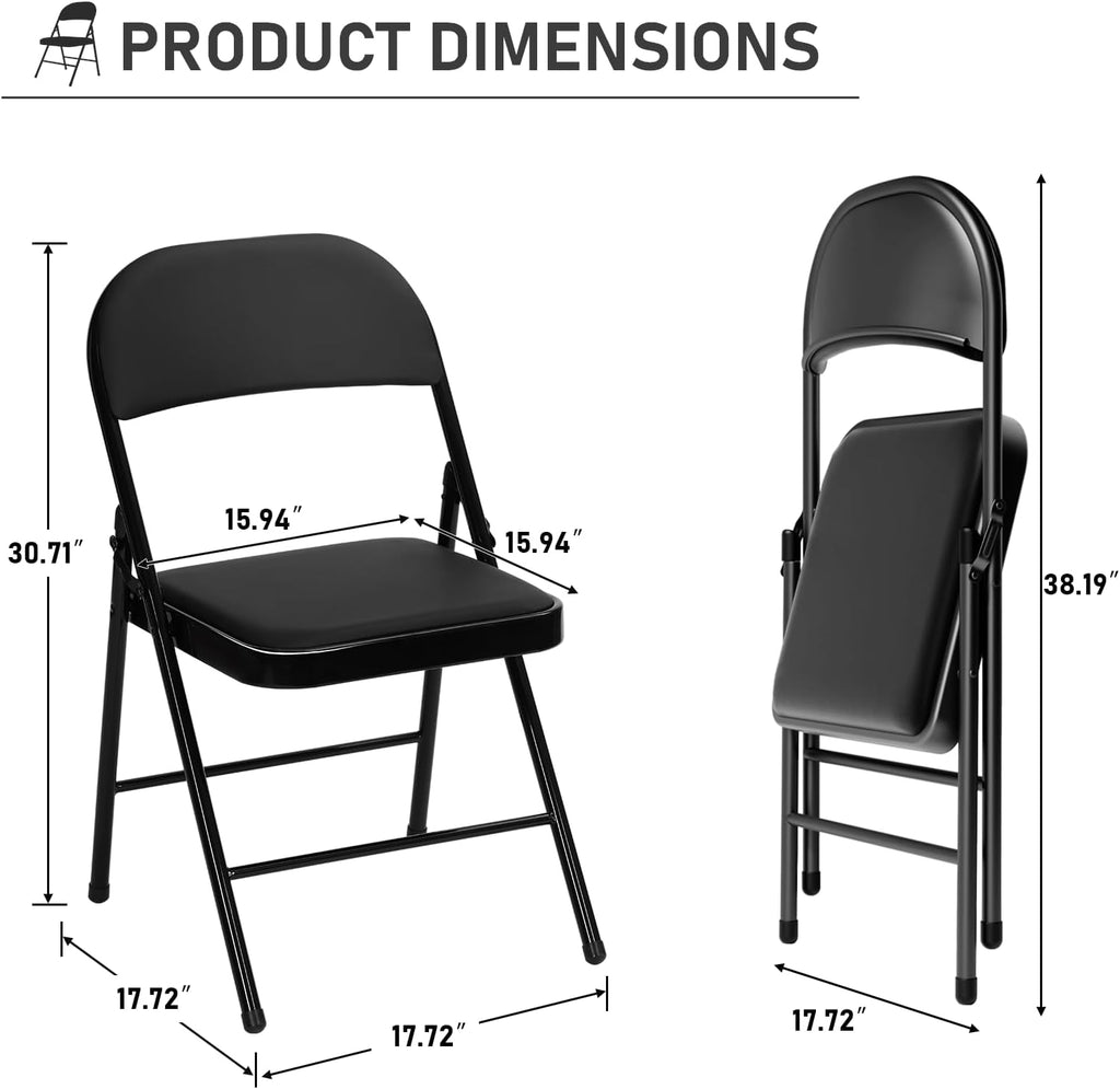Black Padded Folding Chairs 6 Pack, 350LBS Heavy-Duty Steel Frame Foldable Chairs for Indoor Outdoor Wedding Party Dining Events