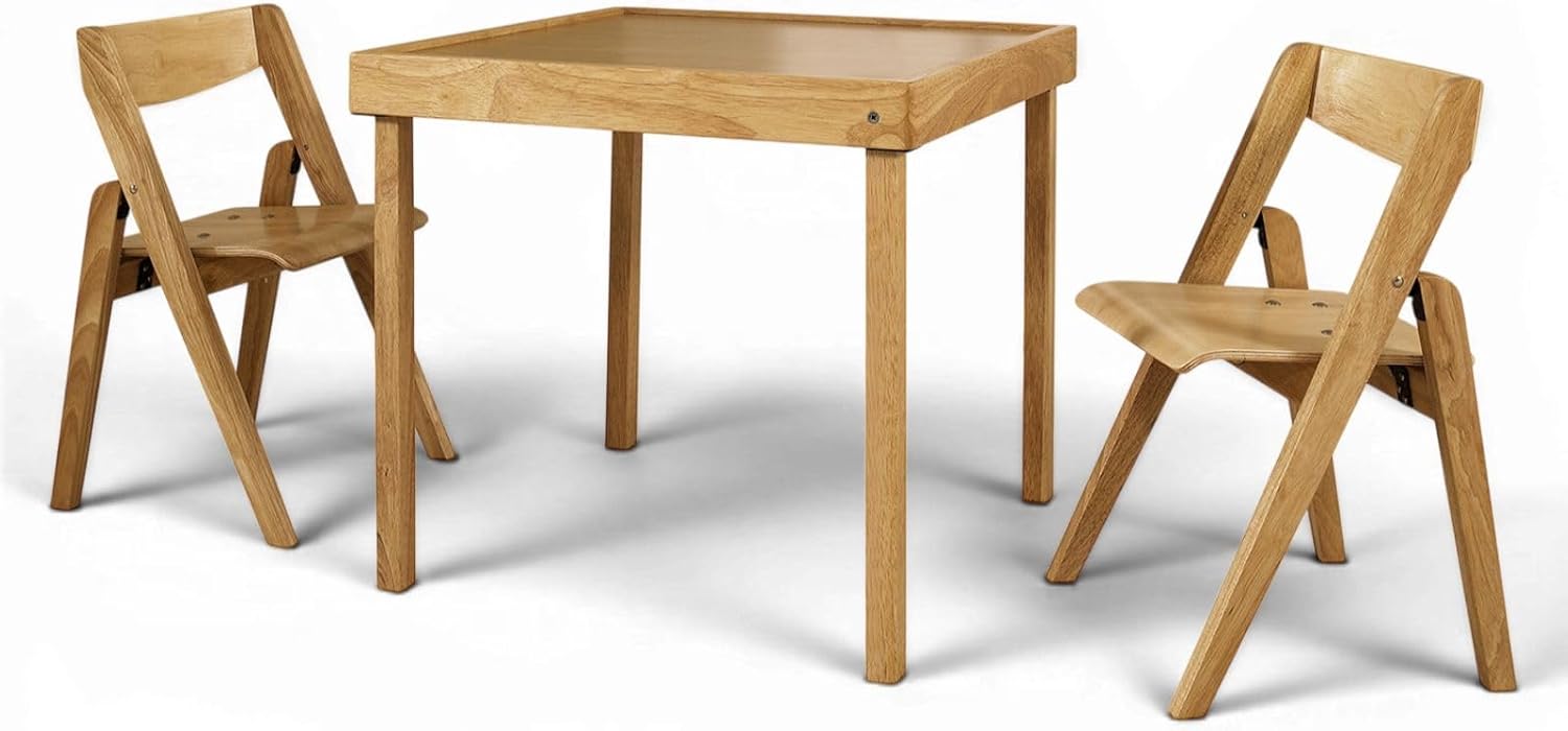 Stakmore Juvenile Children's Folding 3 Piece Natural Wooden Table and Chair Furniture Set with No Pinch Points for Kids Ages 3 and Up (3-Piece Set)