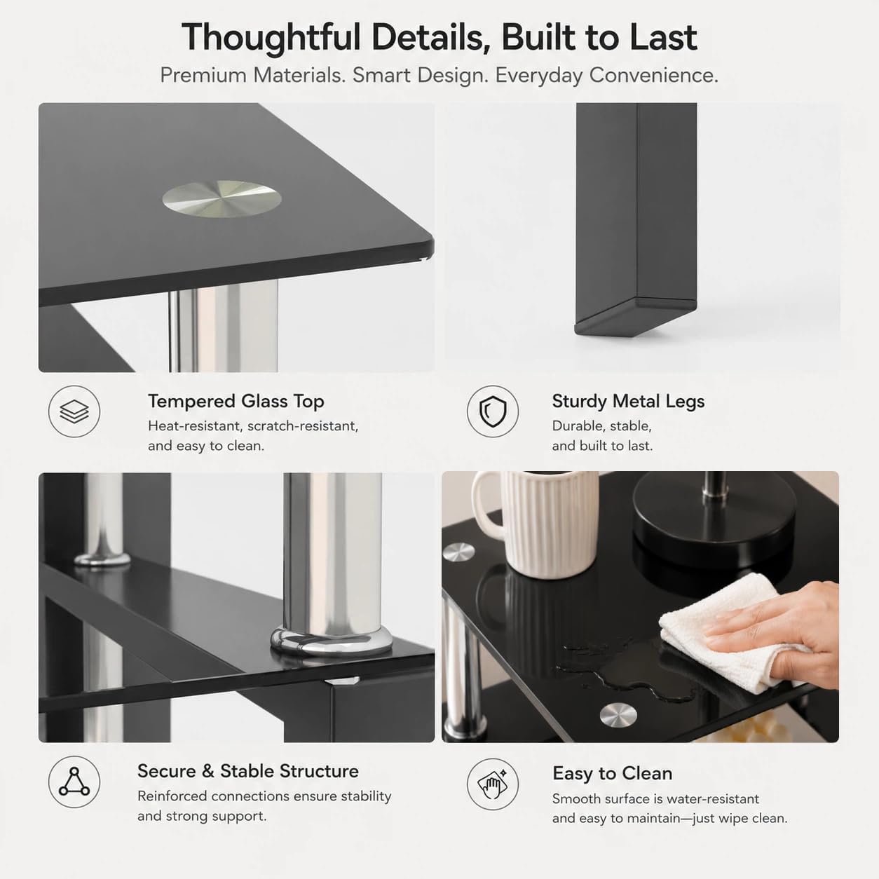 Meihua Tempered Glass End Table, Black Modern Square Side Table with Metal Frame, 2-Tier Glass Accent Table for Living Room, Bedroom, Apartment & Small Spaces