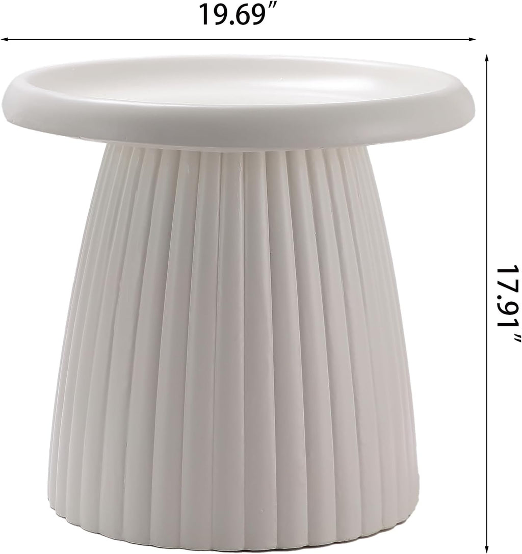 Henf 19.69" Round End Table for Indoor Outdoor, Fluted Pedestal Base, Magnesium Oxide, Waterproof, Unique Design MGO Accent Side Table Night Stand Bedside Table for Living Room Bedroom, White