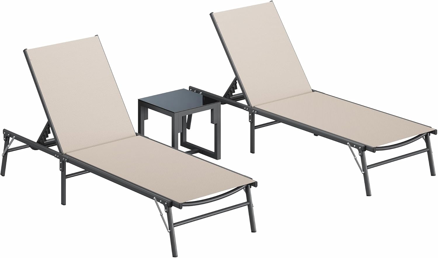 Amopatio Folding Lounge Chairs Chaise Lounge for Outside Portable Pool Lounge Chairs Set of 2 with Side Table for Patio Poolside Deck Yard, Weather Resistant, 5-Position Adjustable Backrest