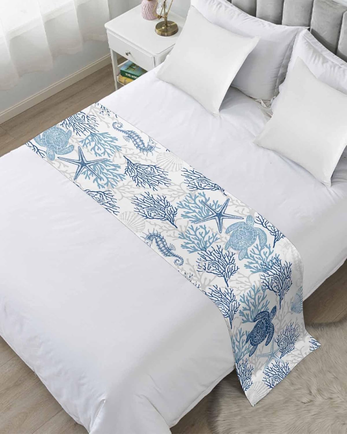 Navy Blue Grey Coastal Bed Runner for Full/Queen Bed, Bedspread Protector Slipcover Bed Scarf for Foot Bed Runners & Scarves for Bedroom Hotel Wedding Room 83x20 Sea Turtle Nautical Coral Summer Beach