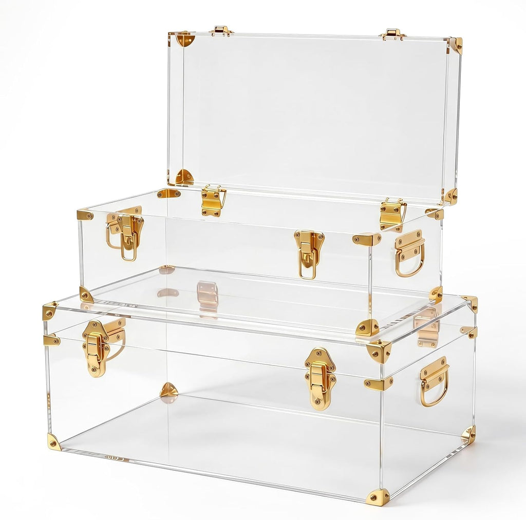 Wesiti Clear Acrylic Bridal Keepsake Trunk, Decorative Storage Chest with Lid & Handles, Bridal Wedding Memory Box for Photos, Gifts, Special Moments, Closet & Home Organization(2,Large,Small)
