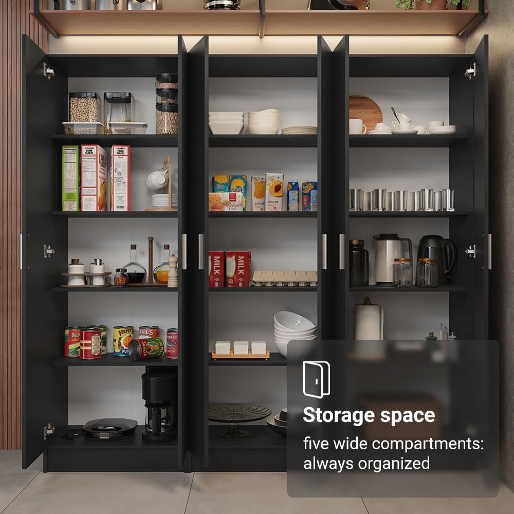 Madesa Kitchen Set 3 Pantry Storage Cabinet with 15 Utility Shelves 71" L Wooden Organization Unit for Kitchen (Black)