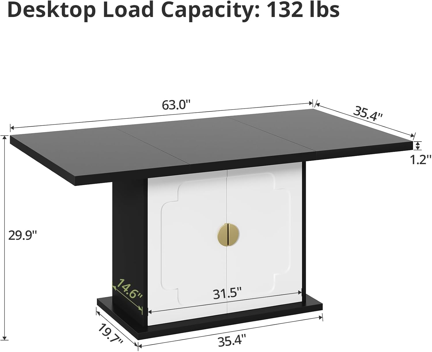 63 Inch Rectangular Dining Table with Hidden Storage, Modern Pedestal Dining Table for 4–6 People, Space-Saving Kitchen & Dining Room Table, MDF, Black