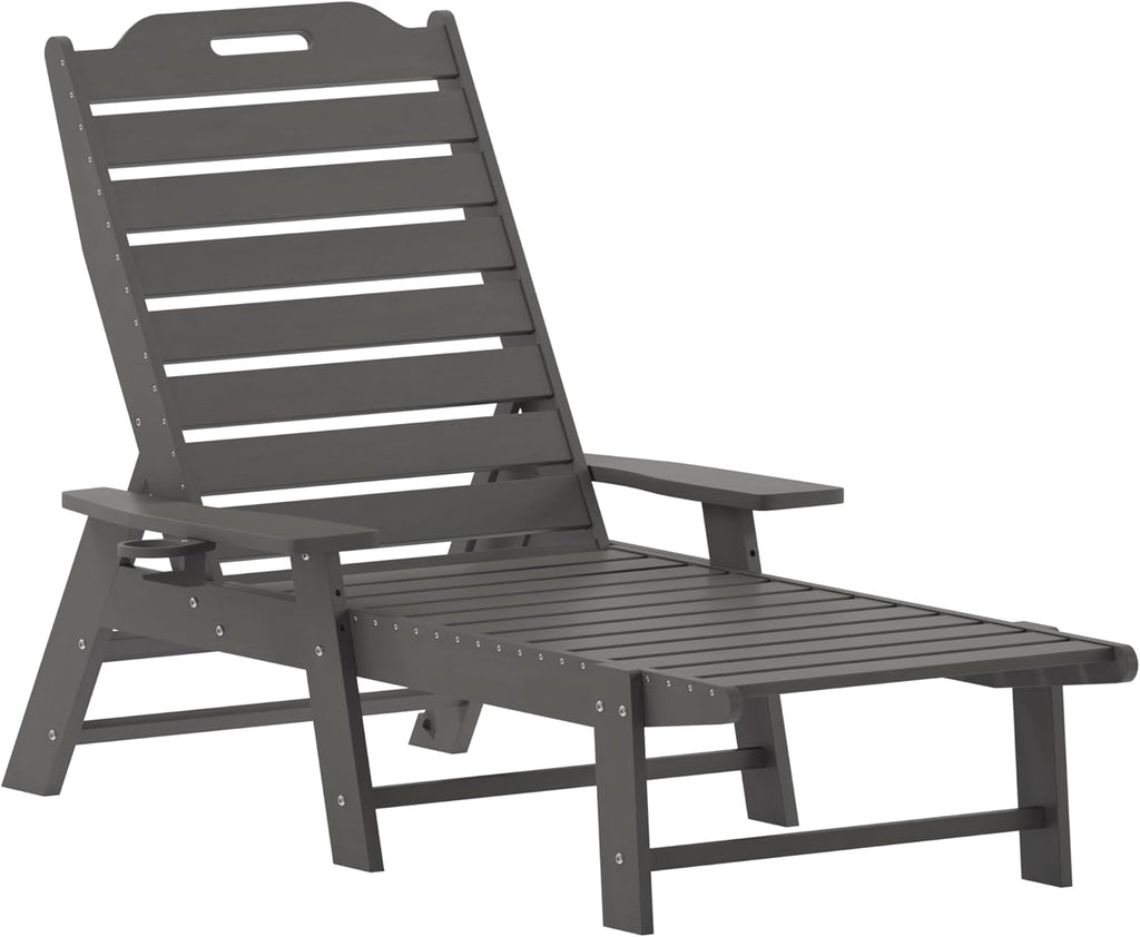 Taylor & Logan Edgley Adjustable Adirondack Lounger with Cup Holder- All-Weather Indoor/Outdoor HDPE Lounge Chair in Gray