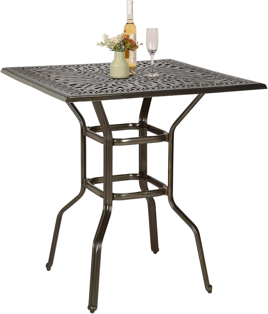 VIVIJASON 35.4" Patio Height Bar Table, All-Weather Cast Aluminum Bar Bistro Table Outdoor Patio Square Dining Table with 2.2" Umbrella Hole for Balcony, Lawn, Garden, Backyard, Antique Bronze