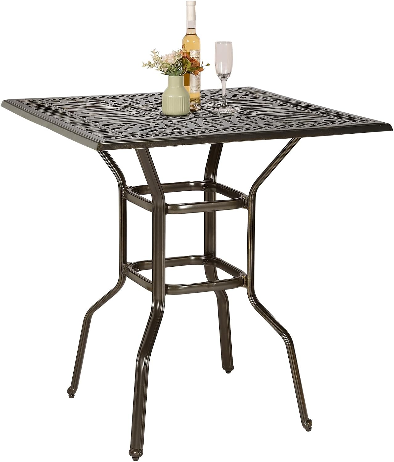 VIVIJASON 35.4" Patio Height Bar Table, All-Weather Cast Aluminum Bar Bistro Table Outdoor Patio Square Dining Table with 2.2" Umbrella Hole for Balcony, Lawn, Garden, Backyard, Antique Bronze
