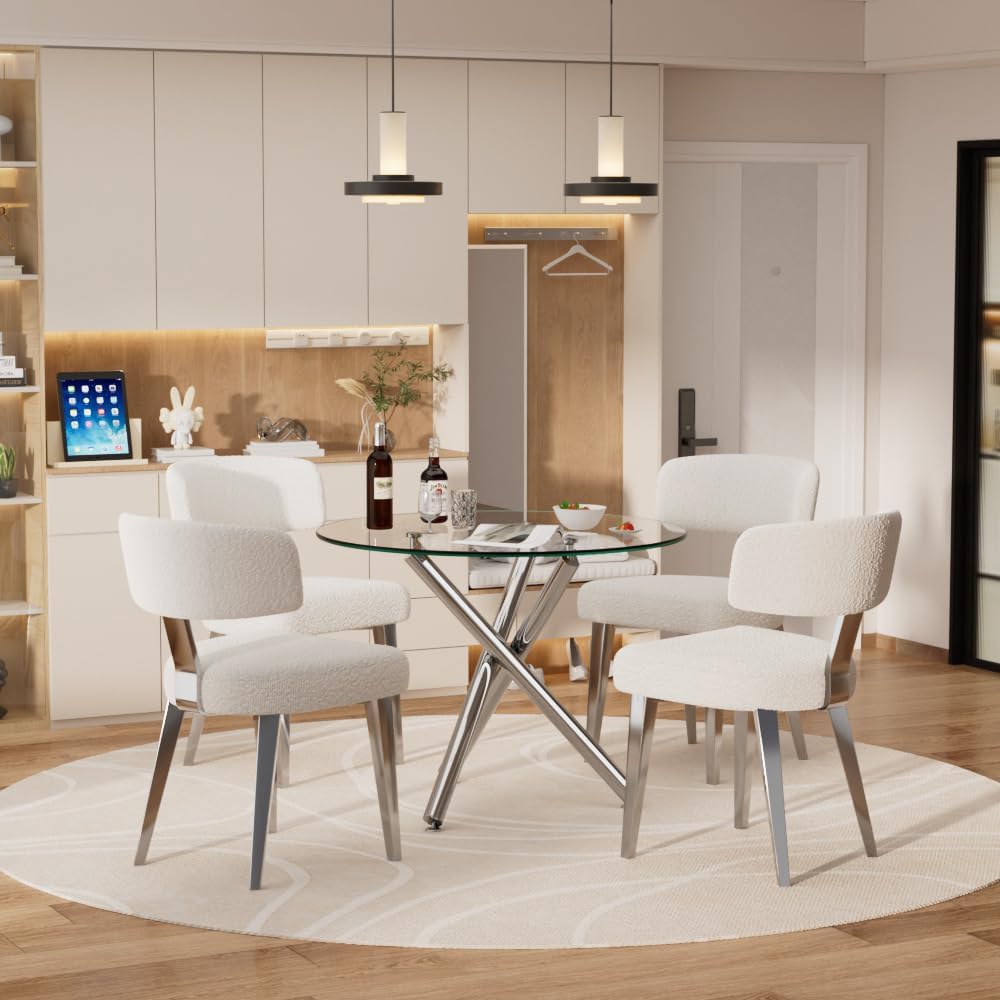 Round Dining Table Set for 4, 5-Piece Kitchen Table and Boucle Chairs for 4, 36" Round Dining Room Table Set with 4 Chairs, Glass Dining Table with Metal Legs for Kitchen, White&Silver