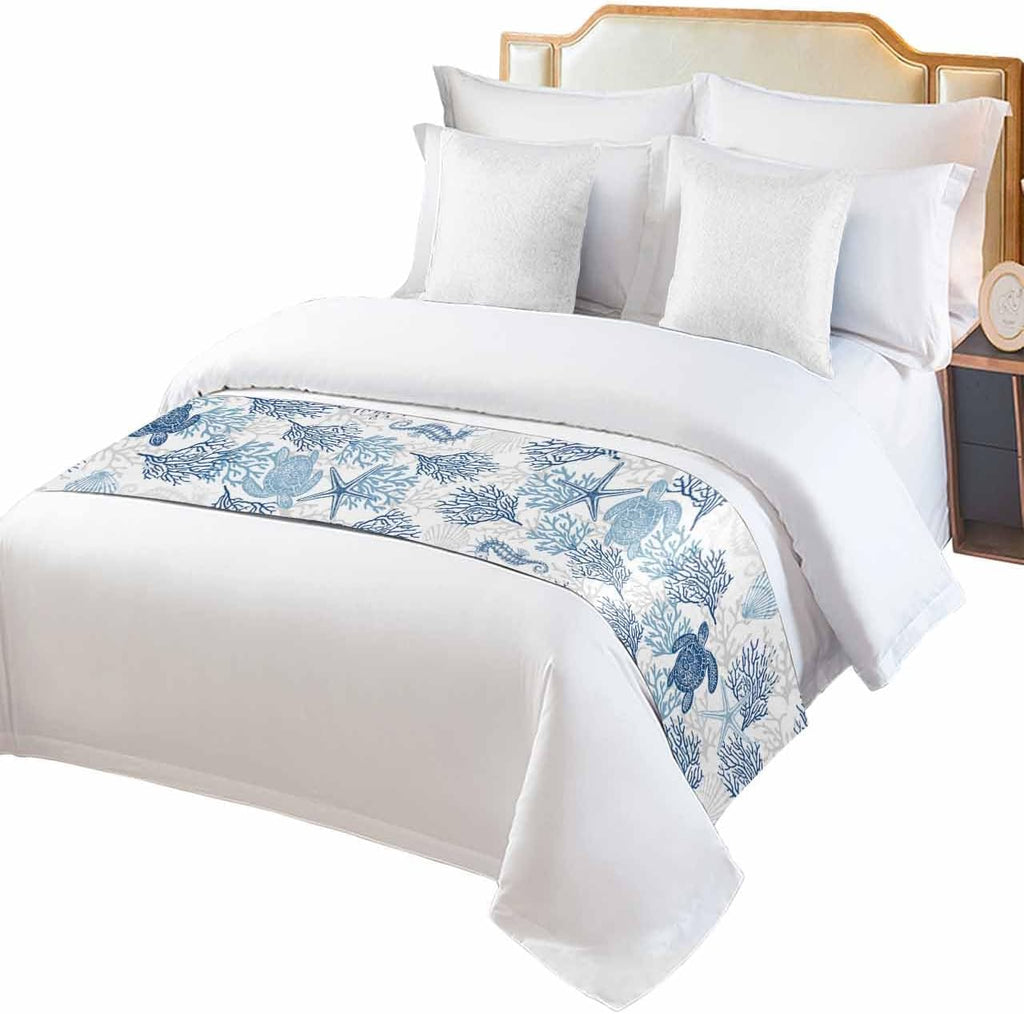 Navy Blue Grey Coastal Bed Runner for Full/Queen Bed, Bedspread Protector Slipcover Bed Scarf for Foot Bed Runners & Scarves for Bedroom Hotel Wedding Room 83x20 Sea Turtle Nautical Coral Summer Beach