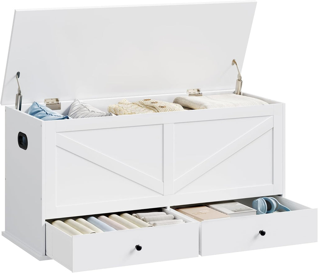 VASAGLE Storage Chest, Storage Bench with 2 Fabric Drawers, Farmhouse Style, for Entryway, Bedroom, Living Room, 15.7 x 39.4 x 19.9 Inches, Cloud White ULSB043W01
