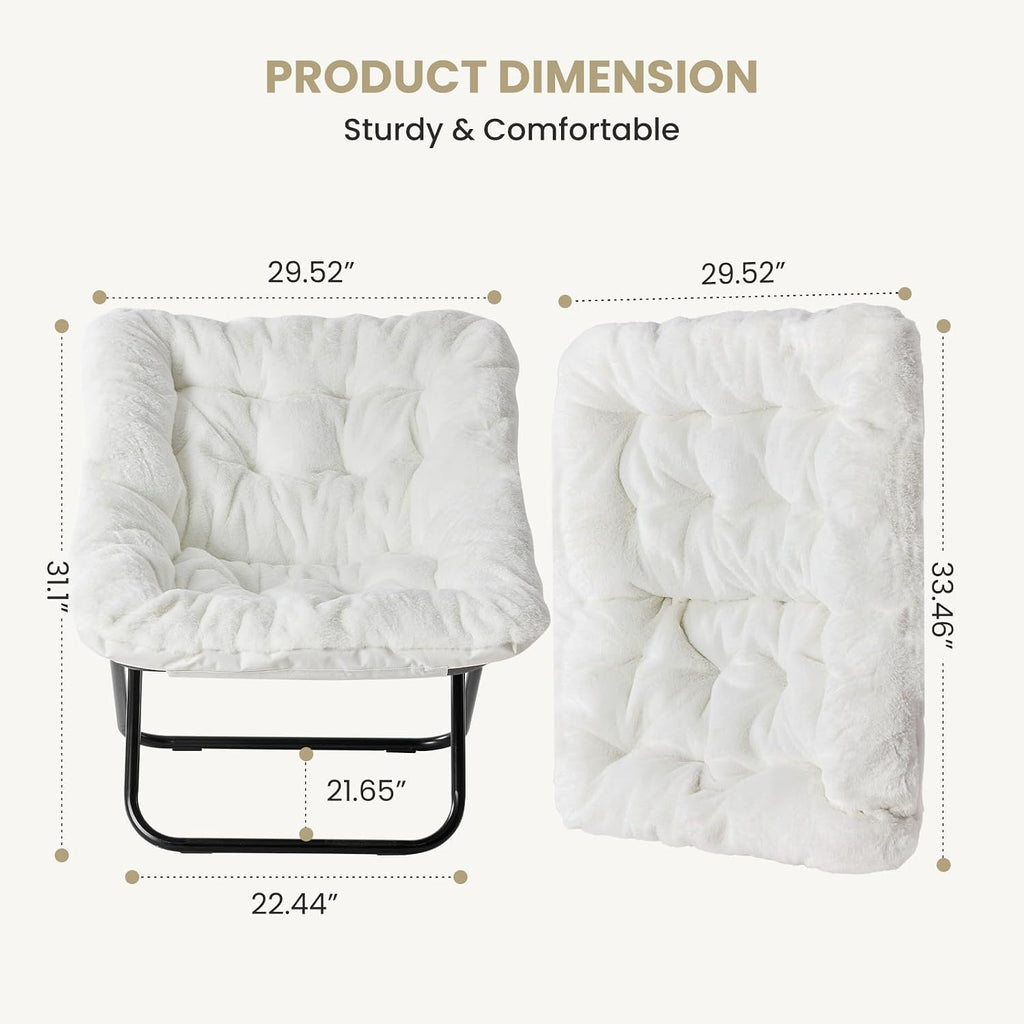 Comfy Saucer Chair, Faux Fur Disc Chair Foldable, Lounge Lazy Chairs for Living Room Bedroom Dorm, Reading Chair for Kids Adults Girls Teens, White